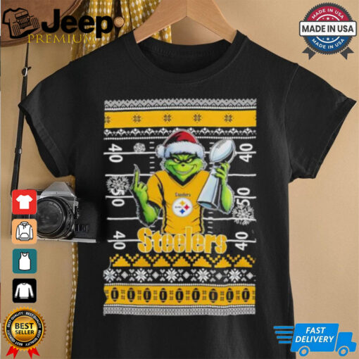 Pittsburgh Steelers X Grinch Christmas with Super Bowl Trophy ugly Christmas shirt