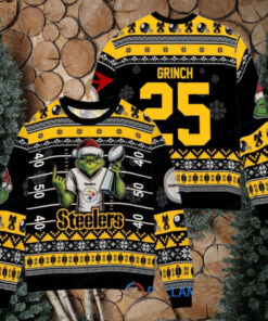 Pittsburgh Steelers x Grinch Christmas Dr. Seuss How the Grinch Stole Christmas with Super Bowl Trophy Custom Ugly Christmas Sweater