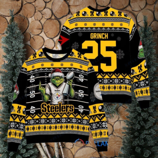 Pittsburgh Steelers x Grinch Christmas Dr. Seuss How the Grinch Stole Christmas with Super Bowl Trophy Custom Ugly Christmas Sweater