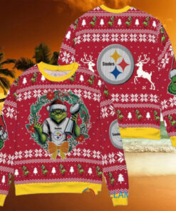 Pittsburgh Steelers x Grinch NFL Dr. Seuss How the Grinch Stole Christmas with Super Bowl Trophy Ugly Christmas Sweater Red