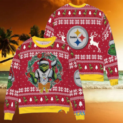 Pittsburgh Steelers x Grinch NFL Dr. Seuss How the Grinch Stole Christmas with Super Bowl Trophy Ugly Christmas Sweater Red