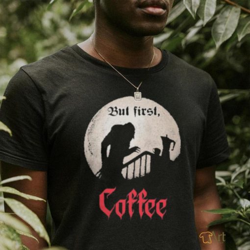 Qwertee Shop But First, Coffee Shirt