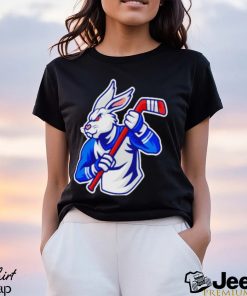 Rabbit hockey player mascot and sport pattern shirt