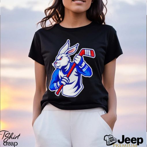 Rabbit hockey player mascot and sport pattern shirt