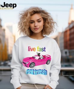 Raccoon vs possum riding pink car live fast eat trash shirt