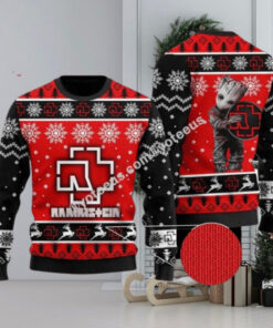 Rammstein Rock Band Big Logo With Baby Groot Snowflakes Pattern Personalized Ugly Christmas Sweater