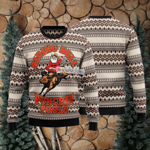 Riding Bulls Punchin Fools Santa Cowboy Xmas Sweaters For Ladies