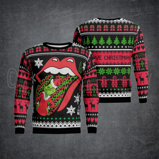 Rolling Stones Big Tongue Unexpected Grinch Stole The Tongue Ugly Christmas Sweater