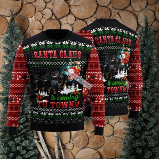 Rottweiler Santa Claus To Town Black Red Funny Christmas Sweaters