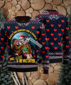 Santa And Bigfoot Couple Blue Big And Tall Christmas Sweaters