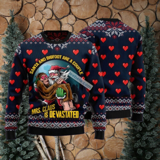 Santa And Bigfoot Couple Blue Big And Tall Christmas Sweaters