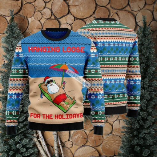 Santa Claus Hanging Loose Blue Mens Christmas Sweater