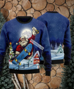 Santa Claus Playing Skateboard Blue Ugly Christmas Sweatshirt