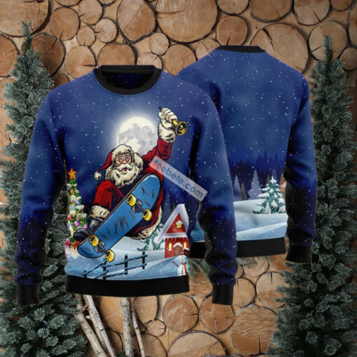 Santa Claus Playing Skateboard Blue Ugly Christmas Sweatshirt