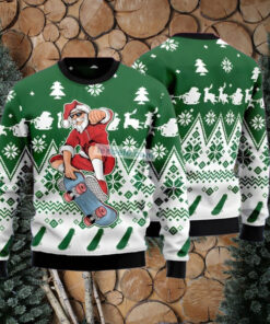 Santa Claus Skateboarding Green Womens Ugly Xmas Sweater