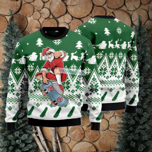 Santa Claus Skateboarding Green Womens Ugly Xmas Sweater