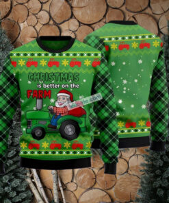 Santa Farmer With Tractor Green Ugliest Ugly Christmas Sweater