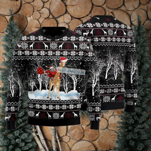 Santa Riding Giraffe Black Ugliest Sweaters For Christmas