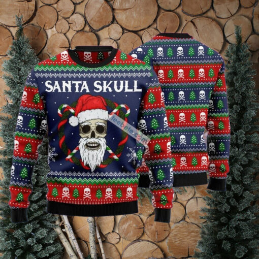 Santa Skull Christmas Wreath Blue Ugly Sweaters For Couples