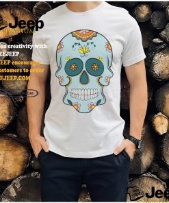 Sea Blue Sugar Skull With Flowers T Shirt