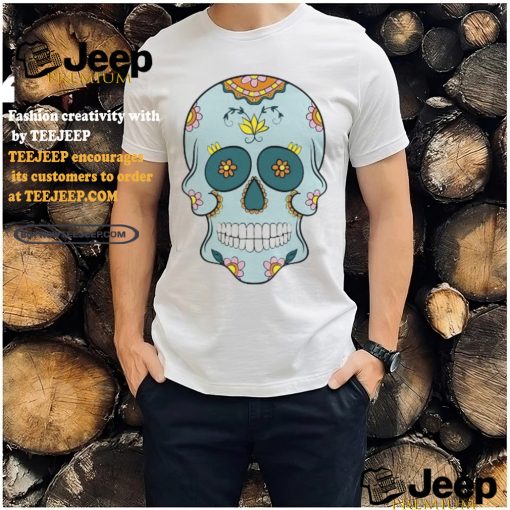 Sea Blue Sugar Skull With Flowers T Shirt