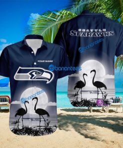 Seattle Seahawks NFL Team With Flamingo Moon Pattern Button Down Hawaiian Shirt For Big Fans Custom Name