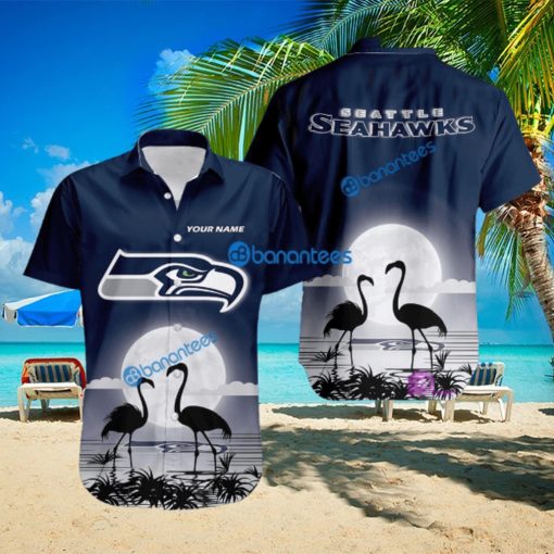 Seattle Seahawks NFL Team With Flamingo Moon Pattern Button Down Hawaiian Shirt For Big Fans Custom Name