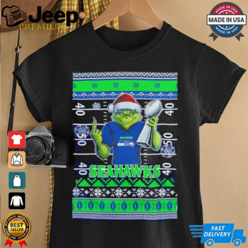 Seattle Seahawks X Grinch Christmas with Super Bowl Trophy ugly Christmas shirt