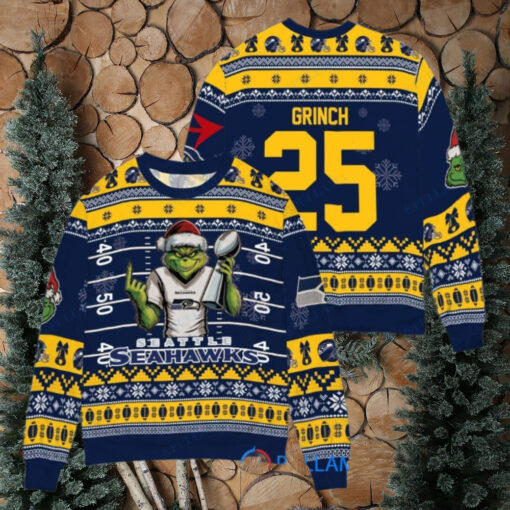 Seattle Seahawks x Grinch Christmas Dr. Seuss How the Grinch Stole Christmas with Super Bowl Trophy Custom Ugly Christmas Sweater