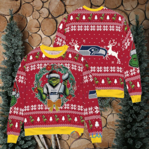 Seattle Seahawks x Grinch NFL Dr. Seuss How the Grinch Stole Christmas with Super Bowl Trophy Ugly Christmas Sweater Red