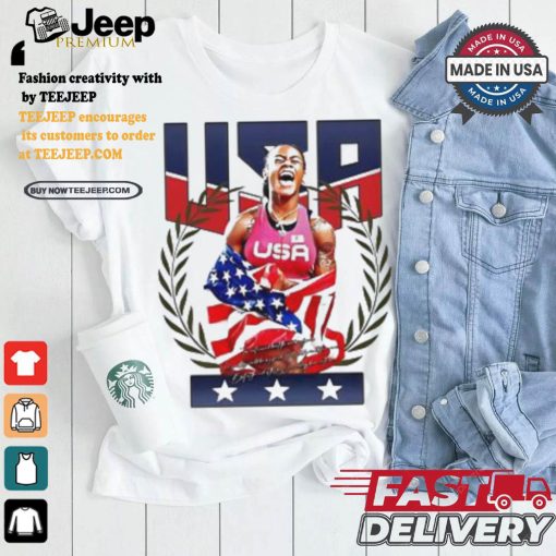 Sha’Carri Richardson USA Gold Medal celebration American flag shirt