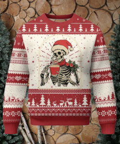 Skeleton Christmas Ugly Christmas Sweater Dead Inside But Caffeinated Coffee Addict Xmas Vibe