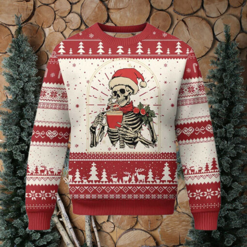 Skeleton Christmas Ugly Christmas Sweater Dead Inside But Caffeinated Coffee Addict Xmas Vibe