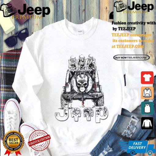 Skeletons sit on Jeep American flag Halloween shirt