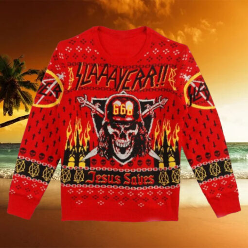 Slayer 666 Holiday Jesus Saves Fire Knitted Christmas Ugly Sweater