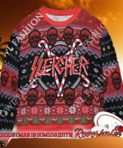 Slayer Band Sleigher Logo Candy Crane Star Style With Skull Pattern 2024 Christmas Ugly Sweater