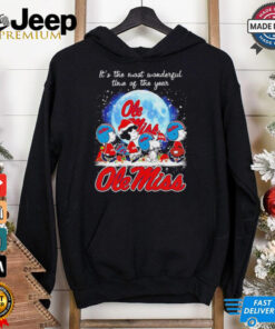 Snoopy Christmas Ole Miss Rebels The Most Wonderful Time of the Year shirt featuring Snoopy in festive holiday attire alongside Ole Miss Rebels graphics, celebrating the joy of the season and team spirit.