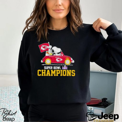 Snoopy and Woodstock driving car Kansas City Chiefs Super Bowl LVIII Champions shirt