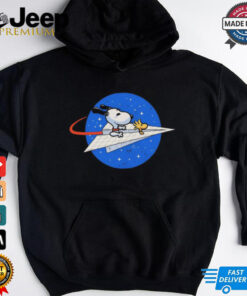 Space Voyager Snoopy and Woodstock in a paper airplane spacecraft NASA logo shirt