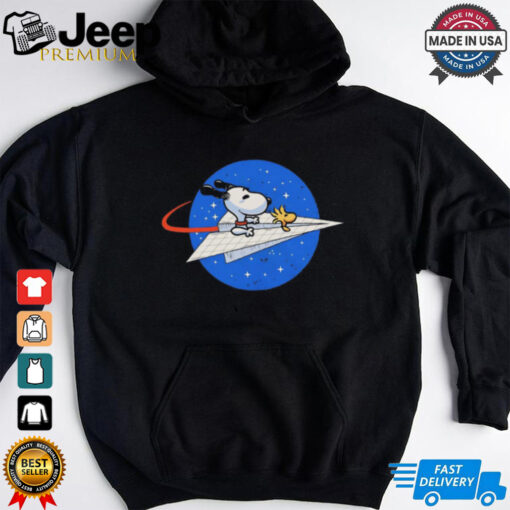 Space Voyager Snoopy and Woodstock in a paper airplane spacecraft NASA logo shirt