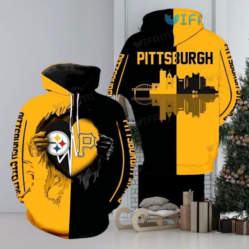 Steelers Hoodie 3D Skyline Heartbeat Tearing Through Logo Pirates Pittsburgh Steelers Gift