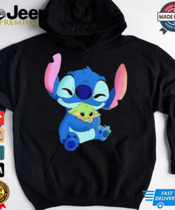 Stitch hugging Baby Yoda Mandalorian cartoon shirt