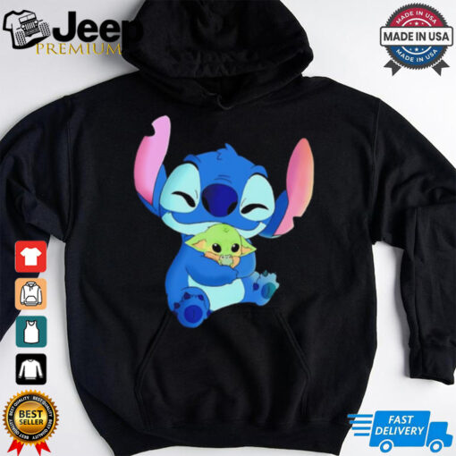 Stitch hugging Baby Yoda Mandalorian cartoon shirt