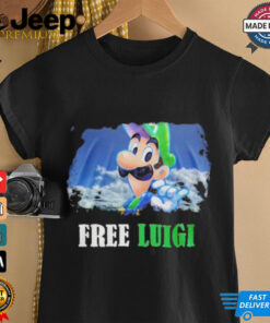 Super Mario Free Luigi Mangione Sky graphic design on a shirt featuring vibrant colors and playful characters from the Mario universe.