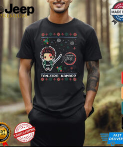 Tanjiro Kamado Ugly Christmas shirt featuring a festive design with Tanjiro from *Demon Slayer* in a holiday-themed setting. Perfect for anime fans who want to celebrate Christmas with a touch of demon-slaying flair.