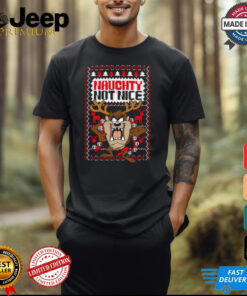Taz Naughty Not Nice Ugly Christmas shirt featuring a playful design with Taz, the Tasmanian Devil, embodying the mischievous spirit of the season. Perfect for those who love a little holiday chaos.