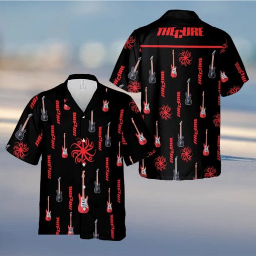 The Cure Music Band Logo Hawaiian Shirt Thunder And Guitar Black Red For Fans Gift Holidays