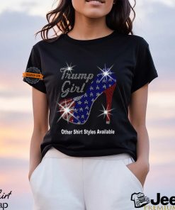 Trump Girl with Patriotic American Flag High Heel Stiletto RHINESTONE Mega Bling Shirt, MEGA Trump 47, Take Back America, I Stand With Trump