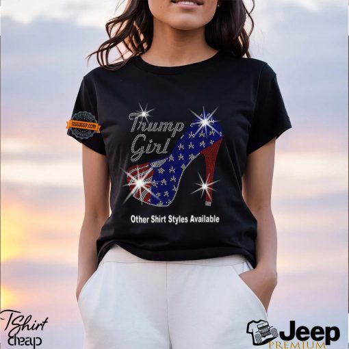 Trump Girl with Patriotic American Flag High Heel Stiletto RHINESTONE Mega Bling Shirt, MEGA Trump 47, Take Back America, I Stand With Trump