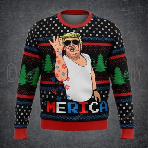 Trump Merica Funny Christmas Sweater – Unisex Funny Winter Holiday Ugly Christmas Sweater